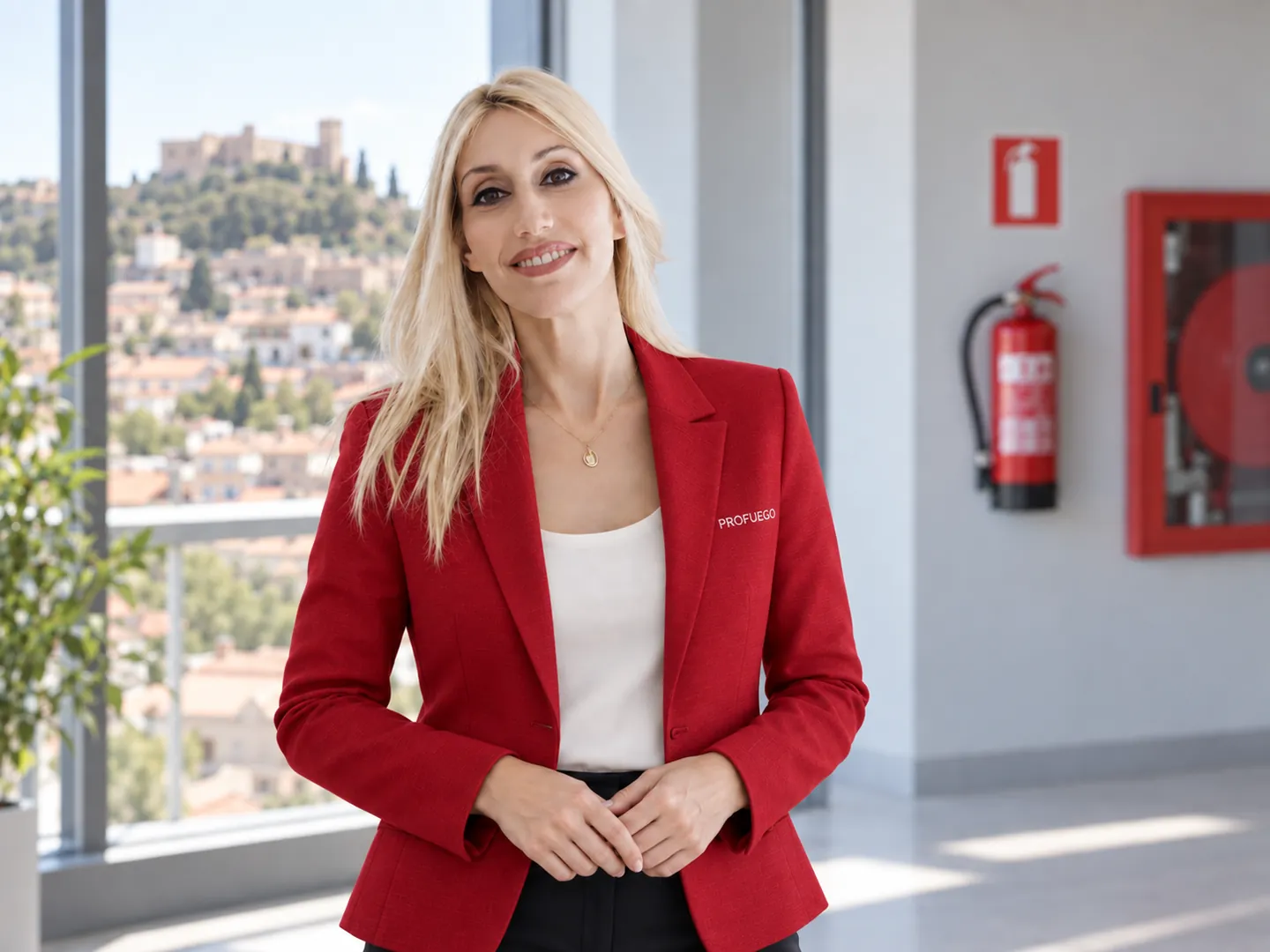Atención comercial de Profuego Alcañiz con equipos de protección contra incendios y la ciudad al fondo