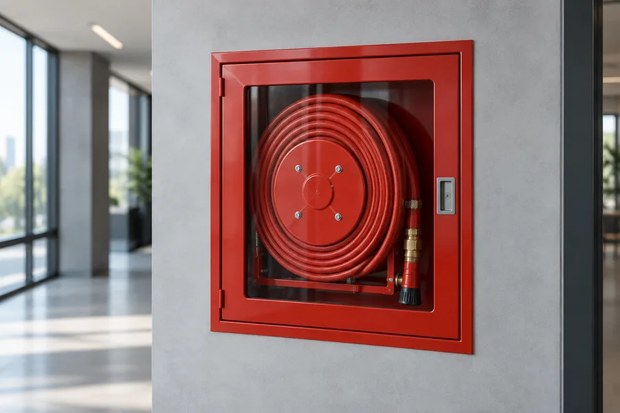 Boca de incendio equipada con manguera roja instalada en la pared de un edificio