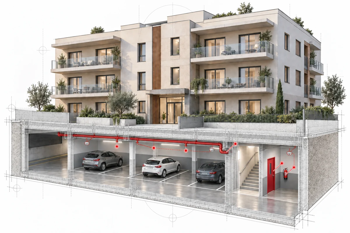 Ilustración arquitectónica de una comunidad residencial con garaje