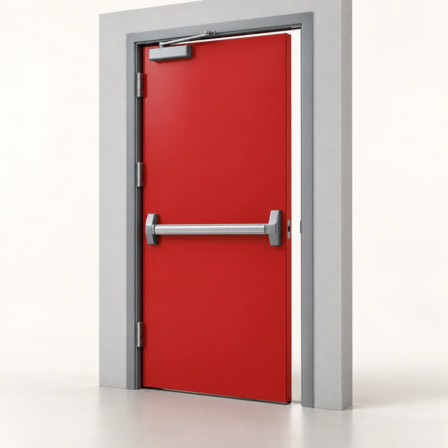 Ilustración de una puerta cortafuegos con barra antipánico