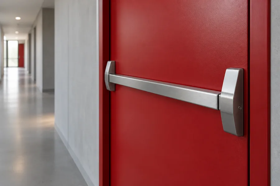 Puerta cortafuegos roja con barra antipánico en un pasillo de evacuación