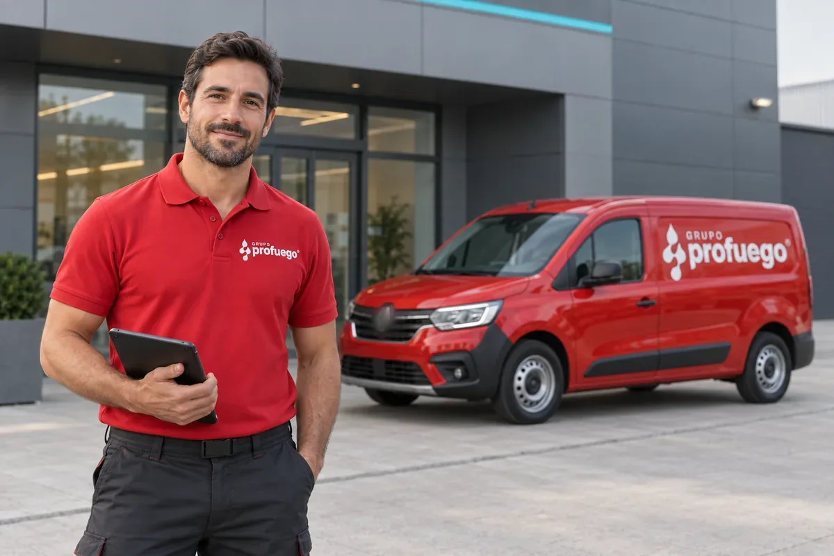 Escena ilustrativa de un técnico con uniforme de Profuego y vehículo de servicio