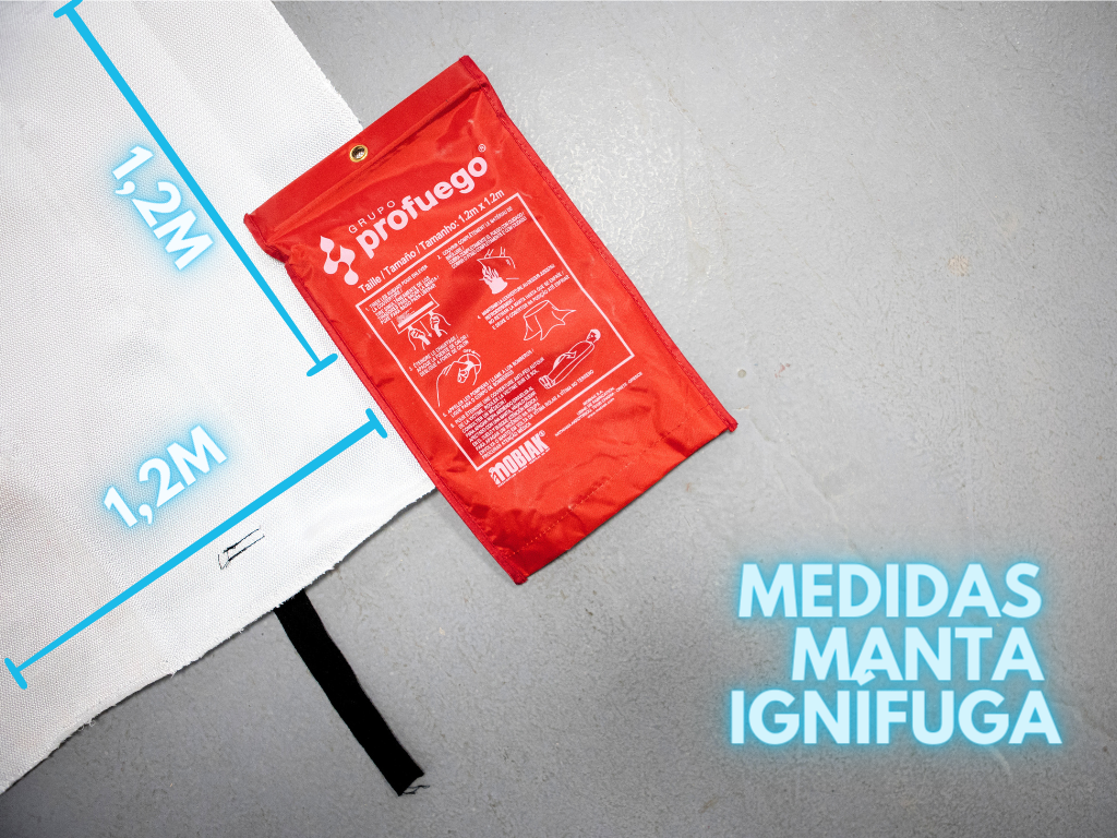 Foto de manta ignífuga desplegada con las medidas